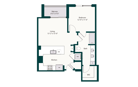 Floor plan for 1 bed, 1 bath, 741 sqft